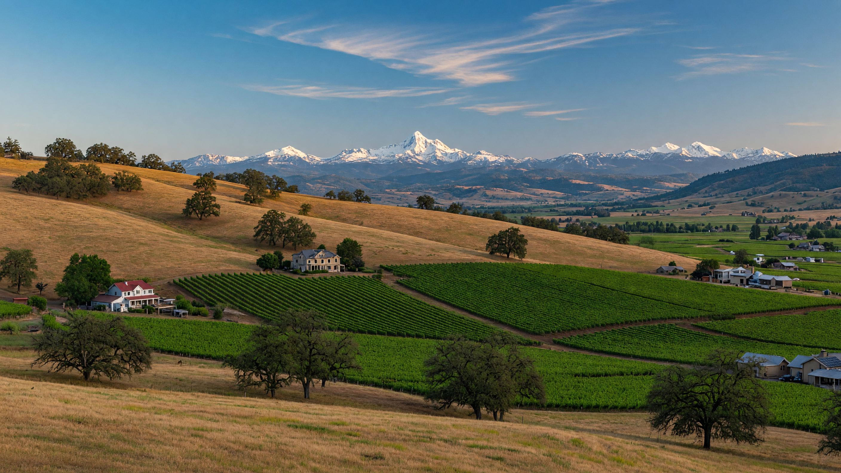 Panoramic view of the Southern Oregon Rogue Valley with vineyards, oak-studded hills, and Cascade mountain peaks in the distance under a clear summer sky