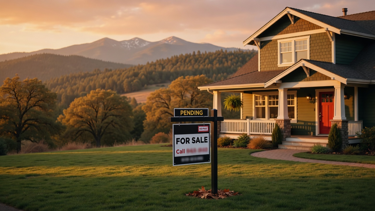 Golden-hour real estate scene in Southern Oregon's Rogue Valley with craftsman homes, oak-covered hills, and Cascade mountain peaks in the distance