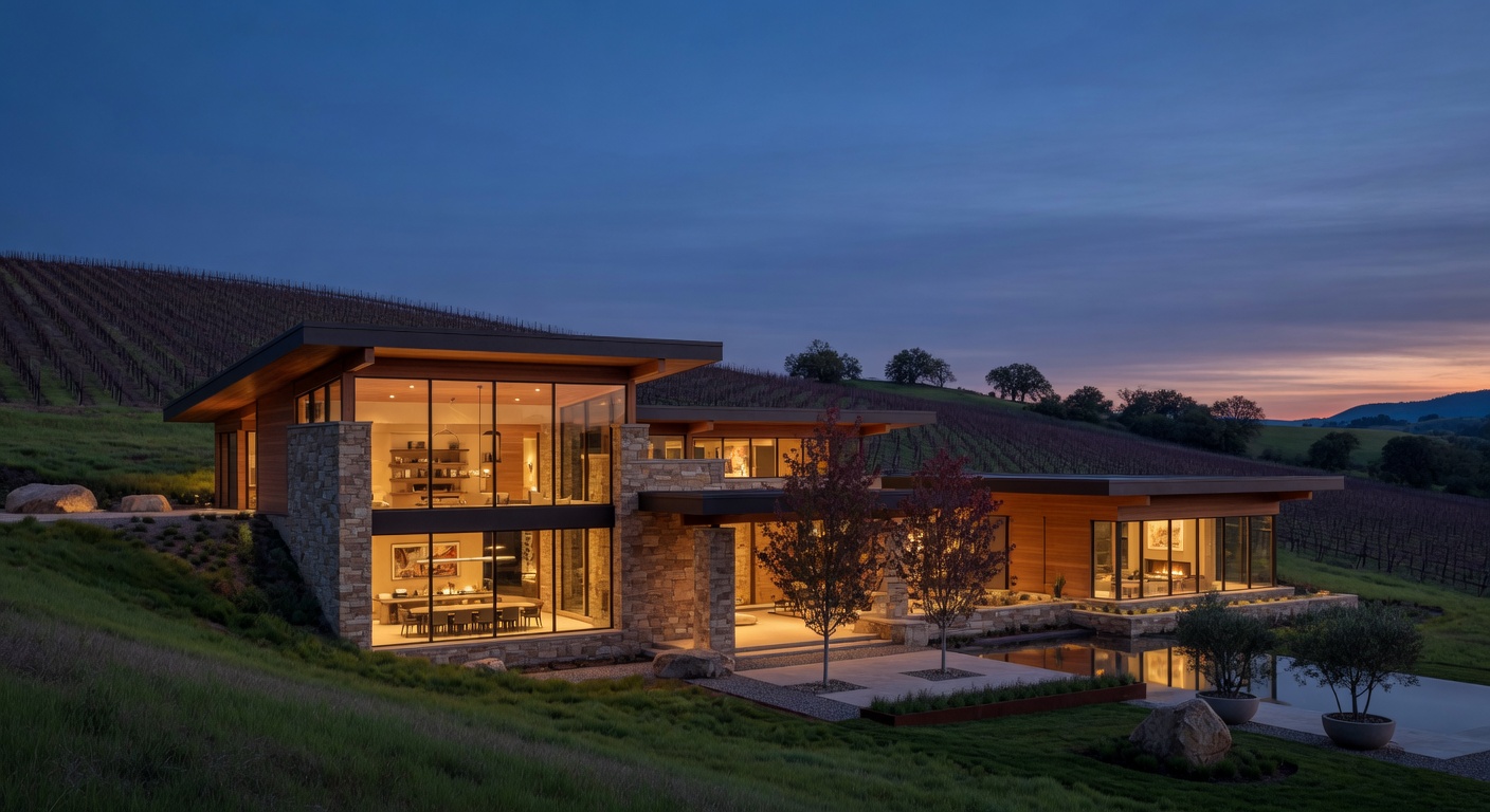 Stunning Southern Oregon dusk twilight luxury estate and vineyards backdrop