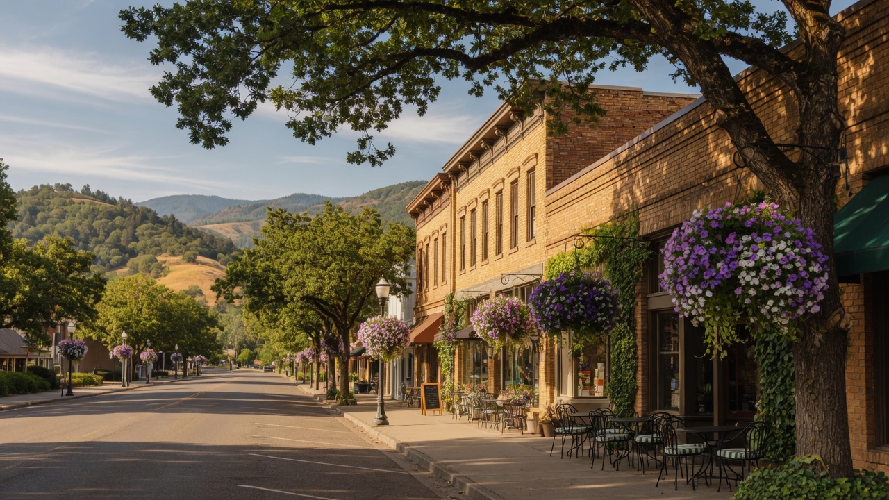 Historic downtown street in a Southern Oregon town with brick buildings, hanging flower baskets, and tree-lined sidewalks on a warm summer day