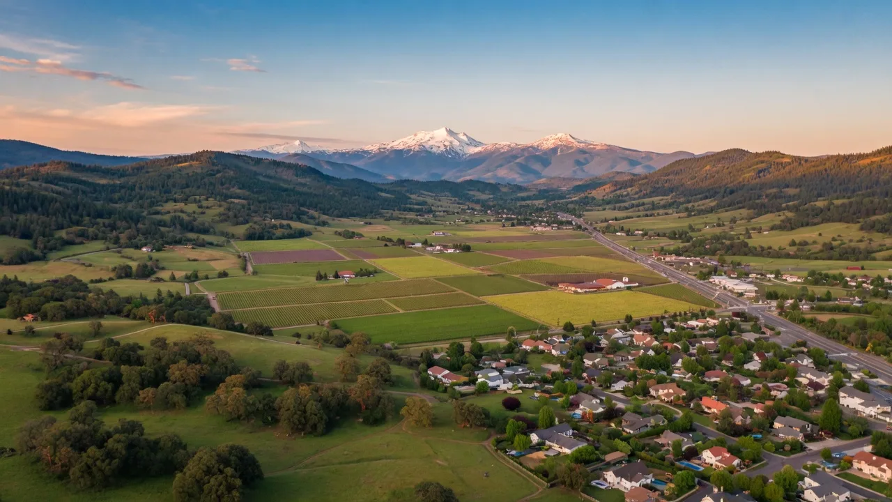 Golden evening light over the Rogue Valley vineyards with the Cascades visible on the horizon, showcasing the landscape that draws relocators to Southern Oregon