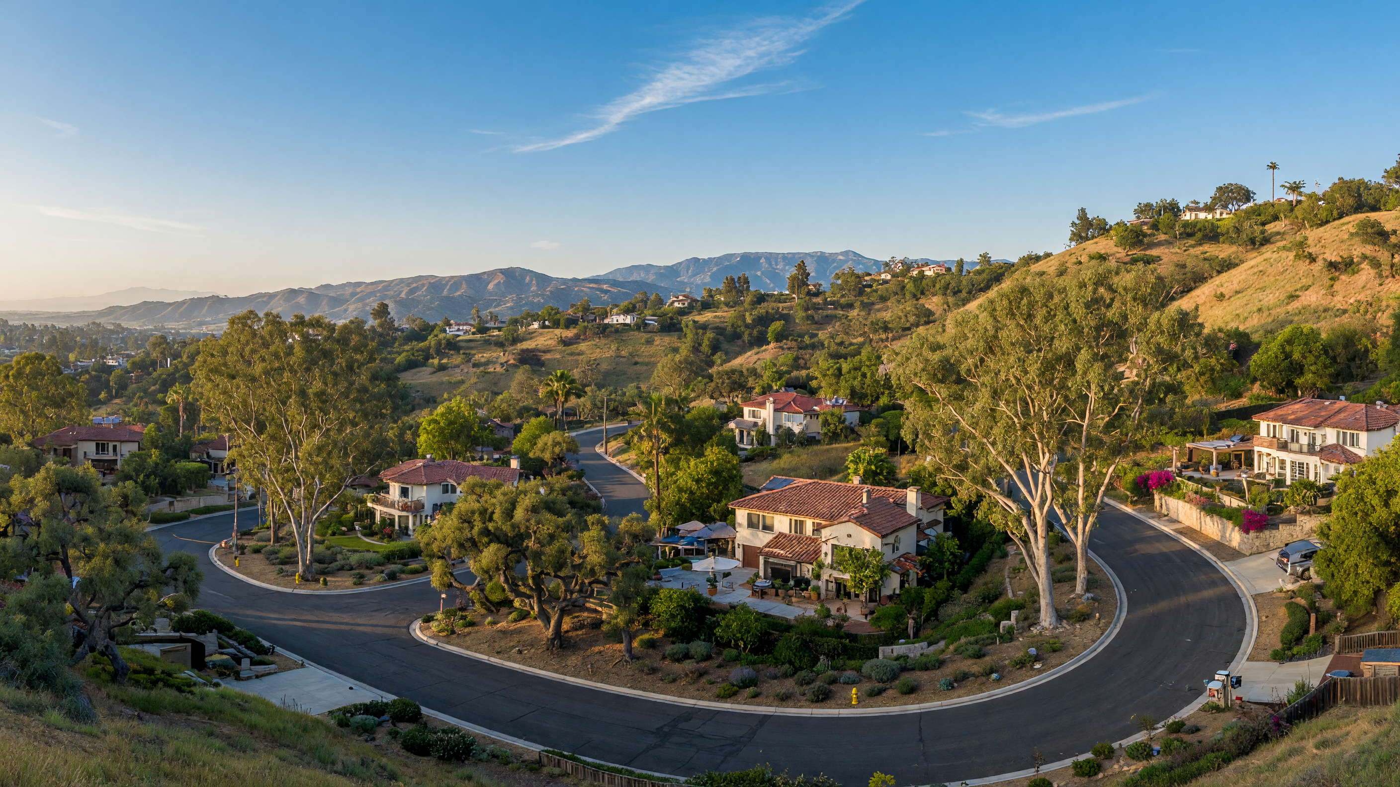 Tree-lined hillside streets of North Fullerton at golden hour with eucalyptus canopies and distant mountain views