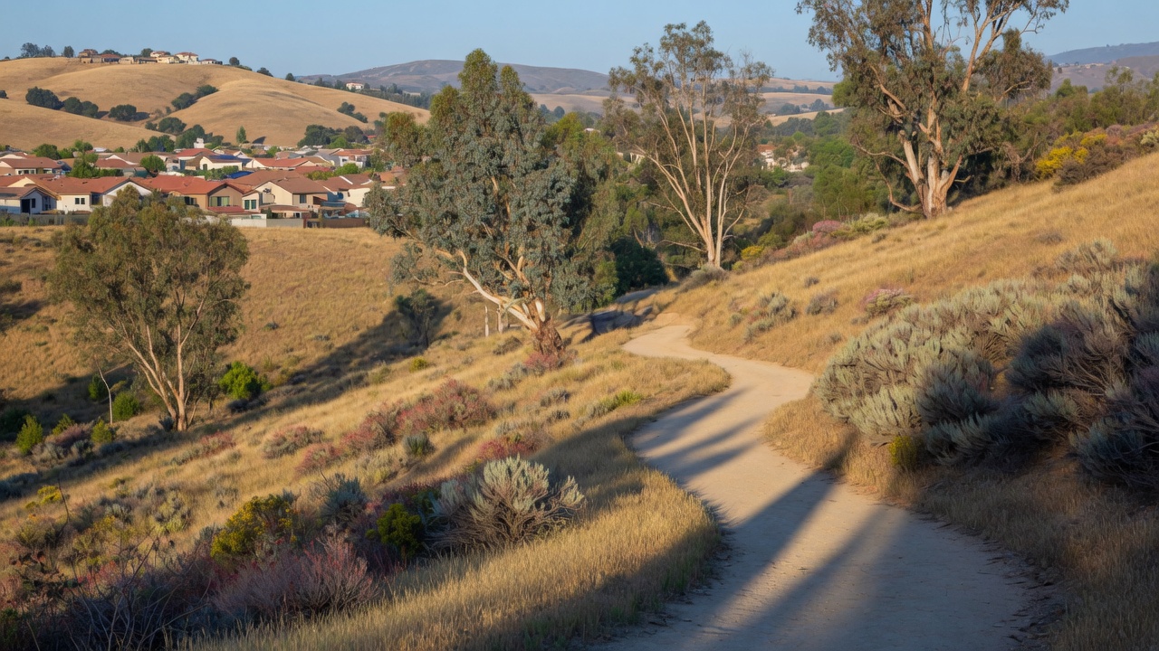 A scenic unpaved hiking trail winding through golden grassland with eucalyptus trees and distant hillside rooftops in North Fullerton