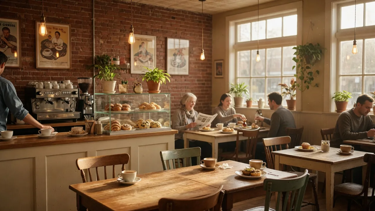 Warm, inviting interior of Rialto Cafe in downtown Fullerton with morning golden light streaming through windows, rustic wooden tables, vintage pendant lights, and exposed brick walls
