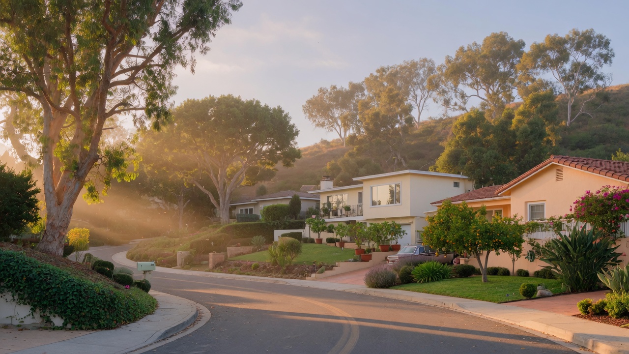 Tree-lined hillside residential street in North Fullerton with mature eucalyptus canopies and custom homes in the golden morning light
