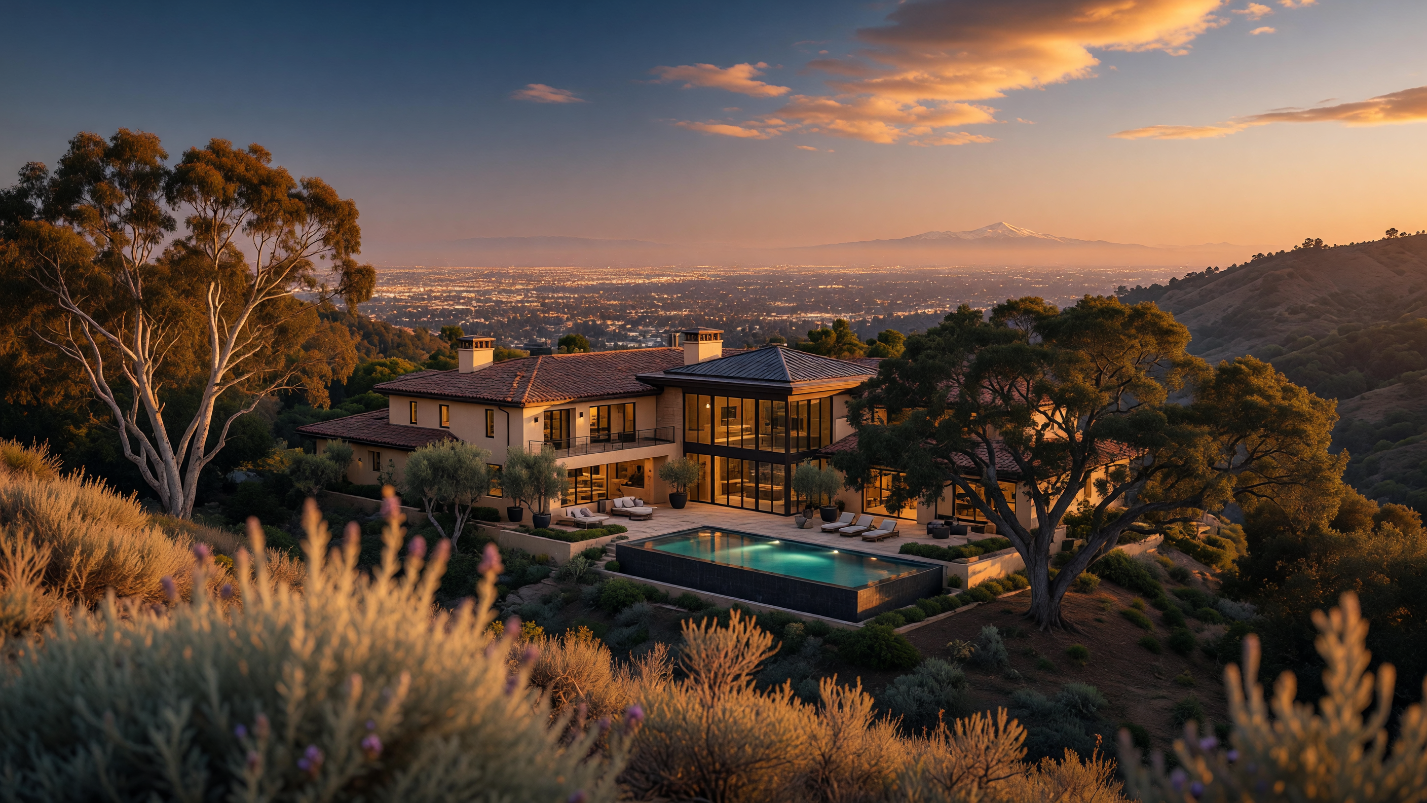 Scenic Fullerton Hills hillside estate at golden hour with panoramic city views