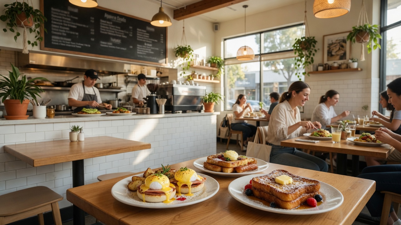 Bright and inviting interior of The Early Bird brunch restaurant in Fullerton with natural morning light, warm wood tables, and open kitchen
