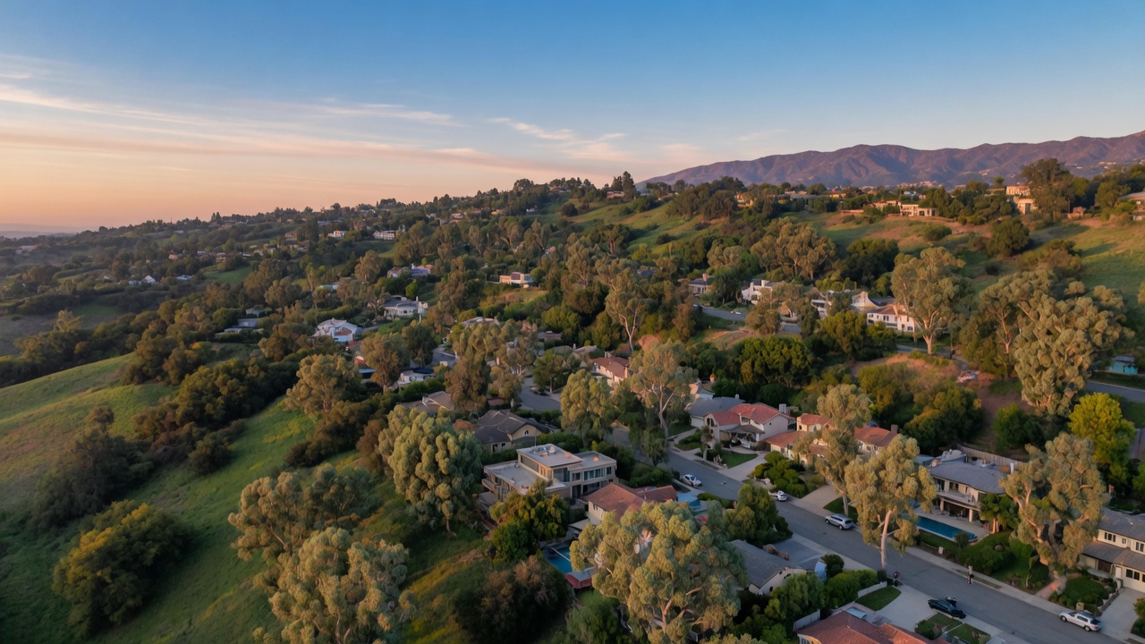 Scenic morning view across the tree-lined hillside neighborhoods of North Fullerton, with eucalyptus canopies and distant mountain ridges under a clear blue sky