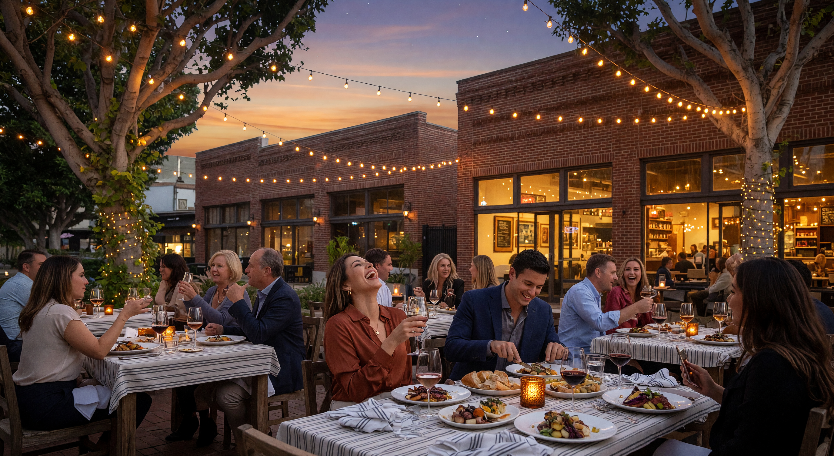 Vibrant outdoor dining patios under warm string lights in historic Downtown Fullerton at dusk