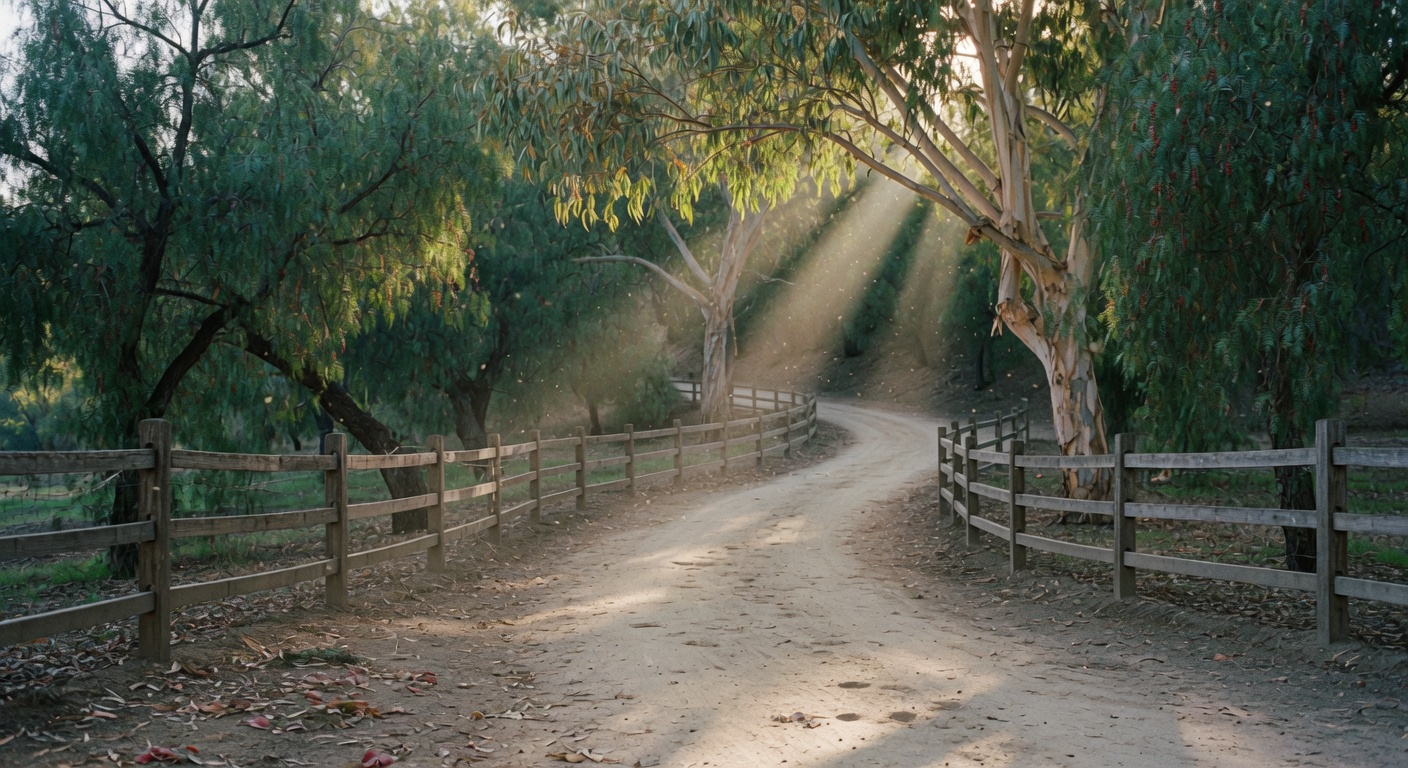 Lush green recreational and horse rail pathway winding through trees