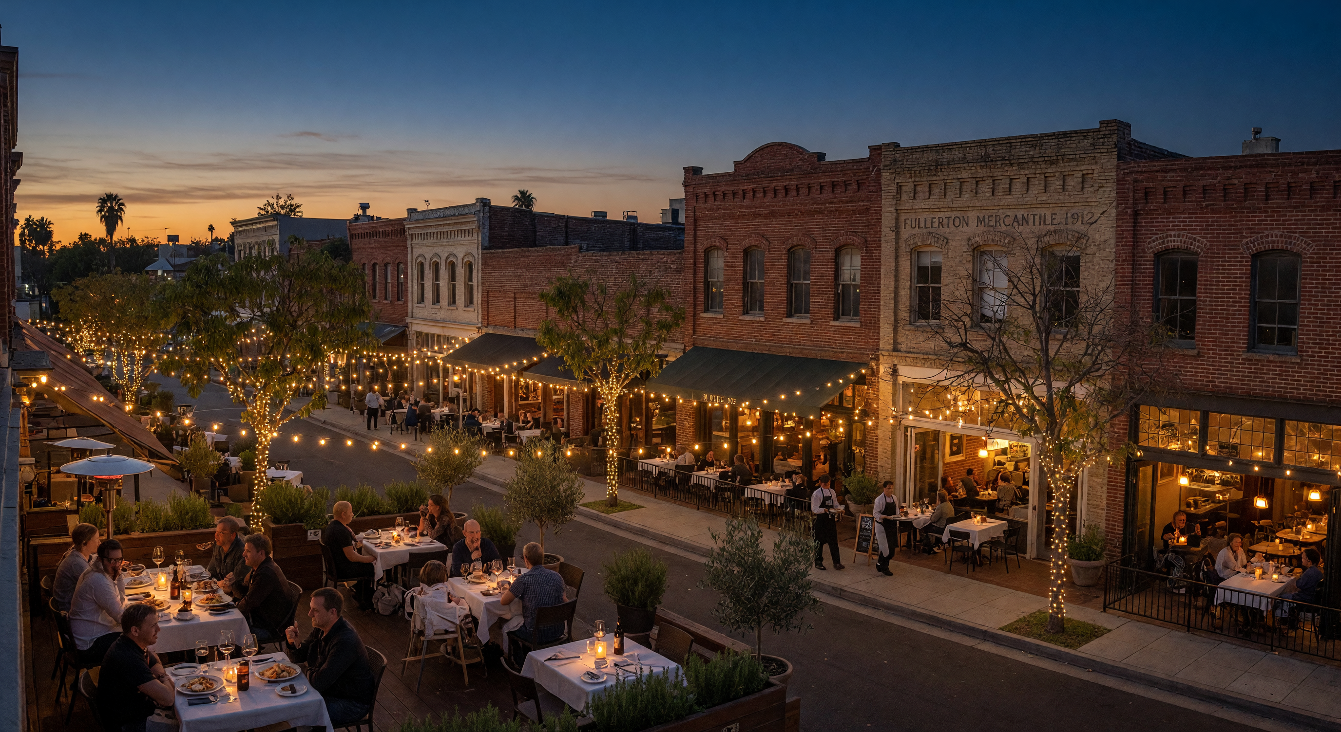 Vibrant outdoor dining patios under warm string lights in historic Downtown Fullerton at dusk