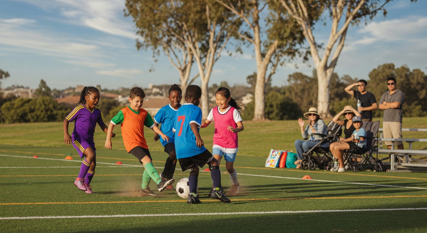 Young children playing soccer on a green field in Fullerton, California on a sunny afternoon