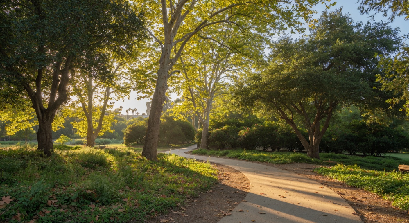 Lush walking pathways near CSUF Fullerton Arboretum