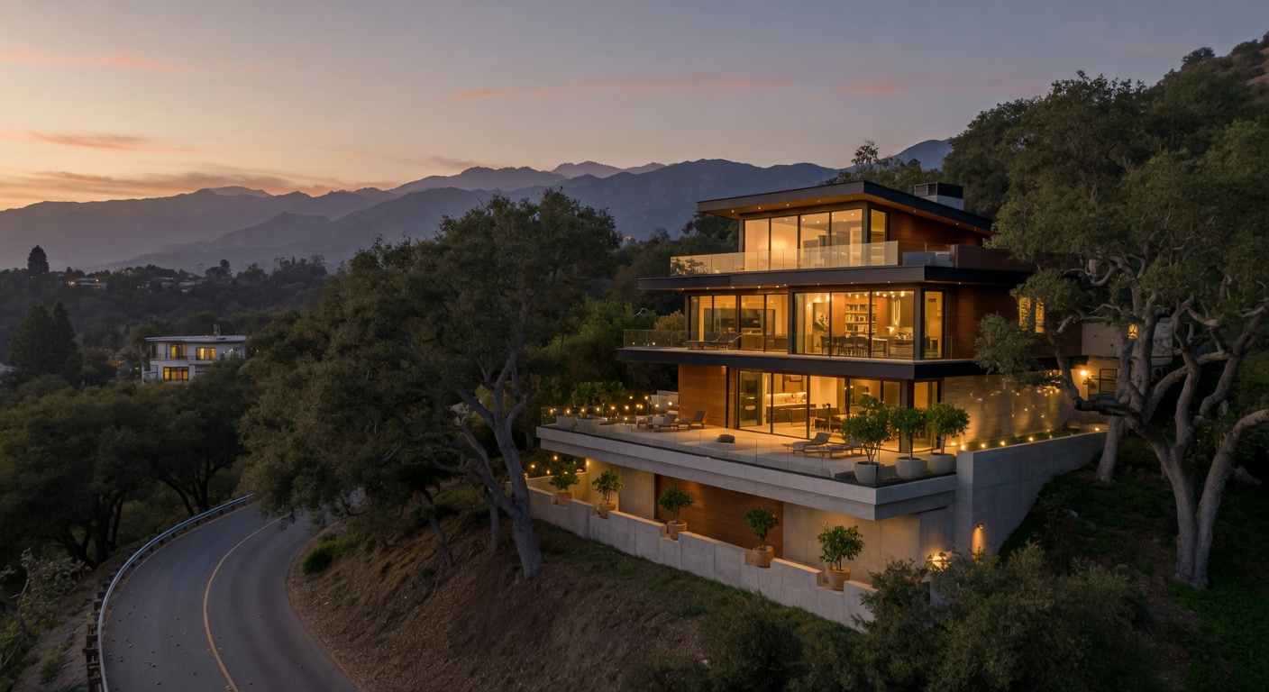 Modern tri-level custom residence in Raymond Hills with grand glass windows highlighting panoramic sunset views