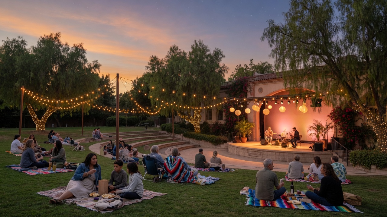 An outdoor community concert at a historic estate amphitheater with string lights and people enjoying live music on a lawn at golden hour