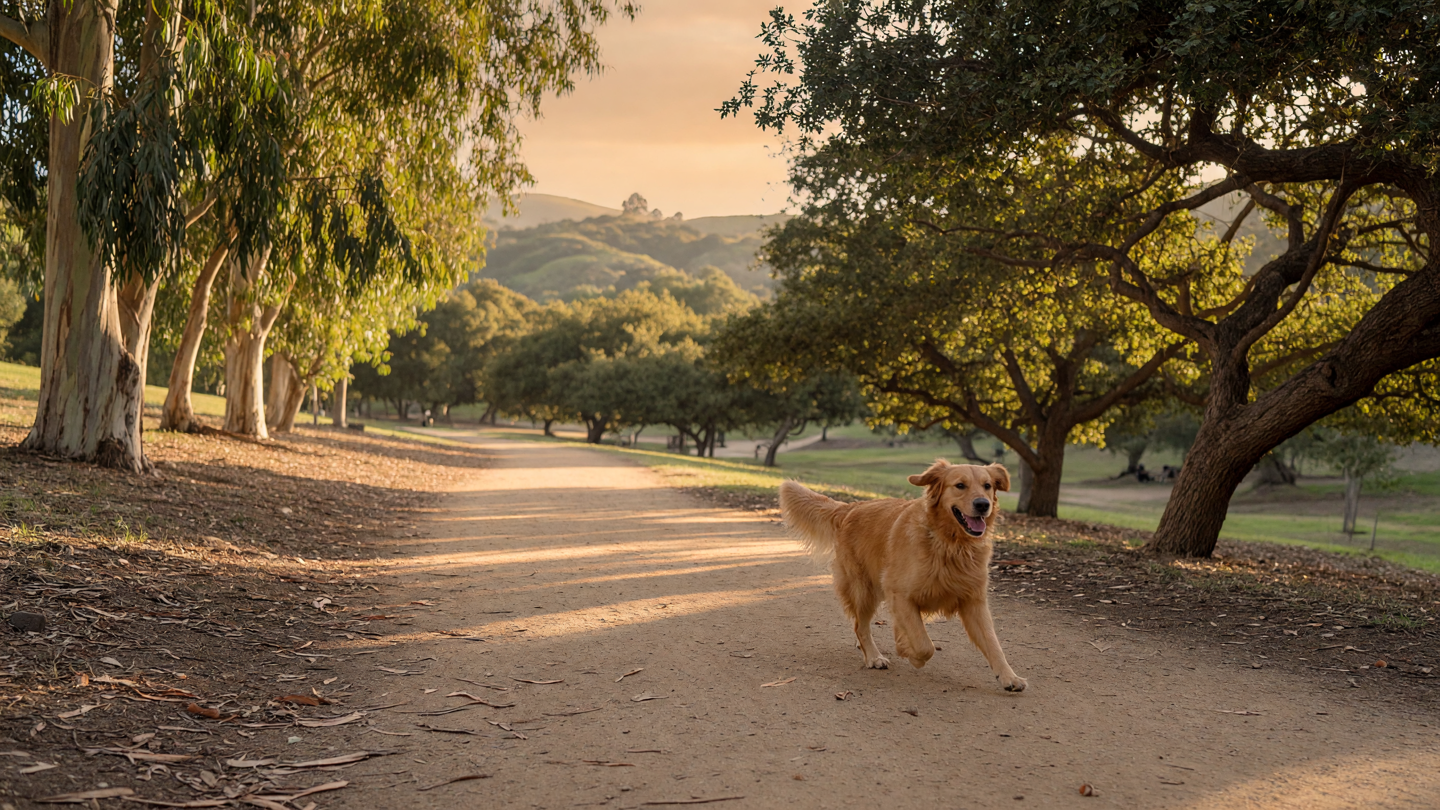 A happy dog running through a sun-dappled Fullerton park trail surrounded by mature eucalyptus and oak trees