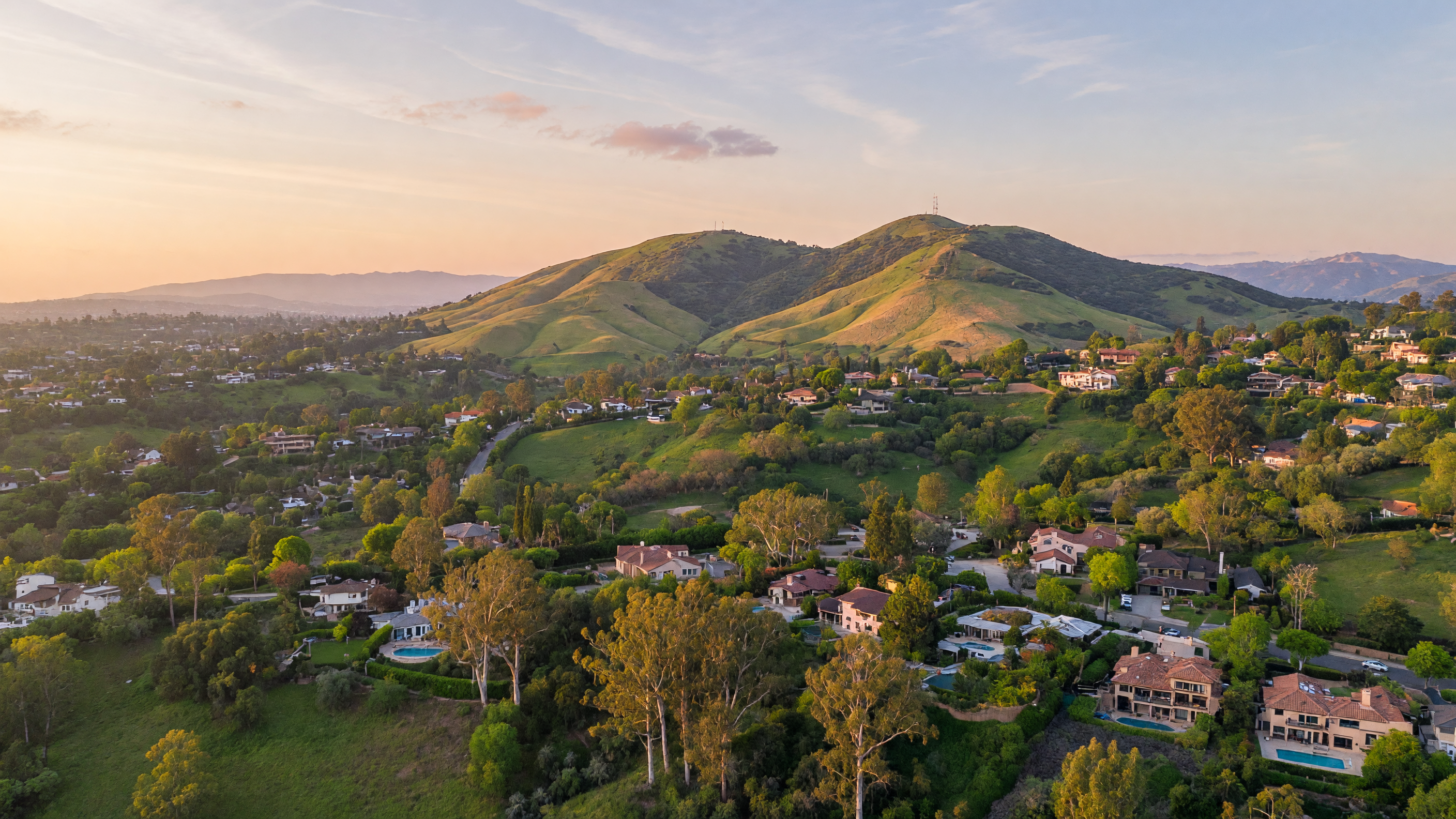 Aerial view of Fullerton Hills neighborhoods in early summer with rolling green hills, mature eucalyptus trees, and custom homes along winding hillside streets under a clear blue sky