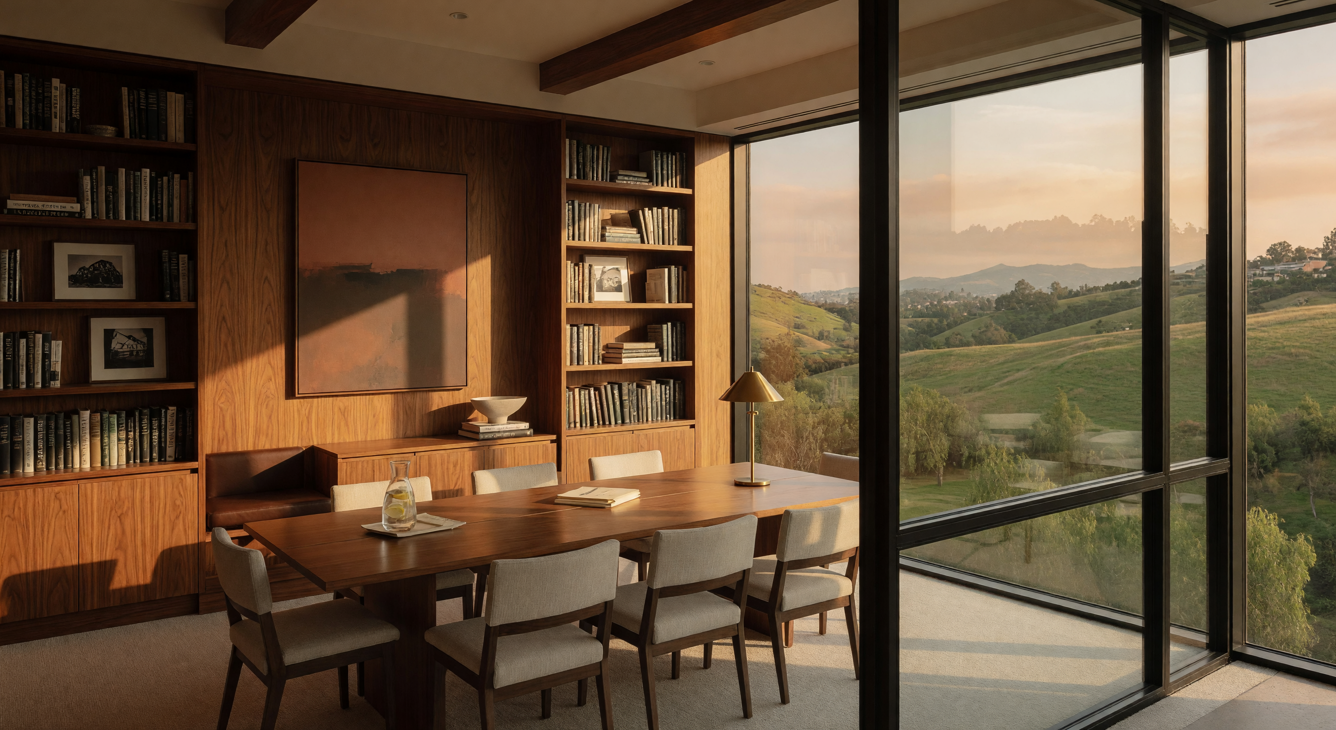 Elegant modern library and lounge overlooking rolling hills of Fullerton California