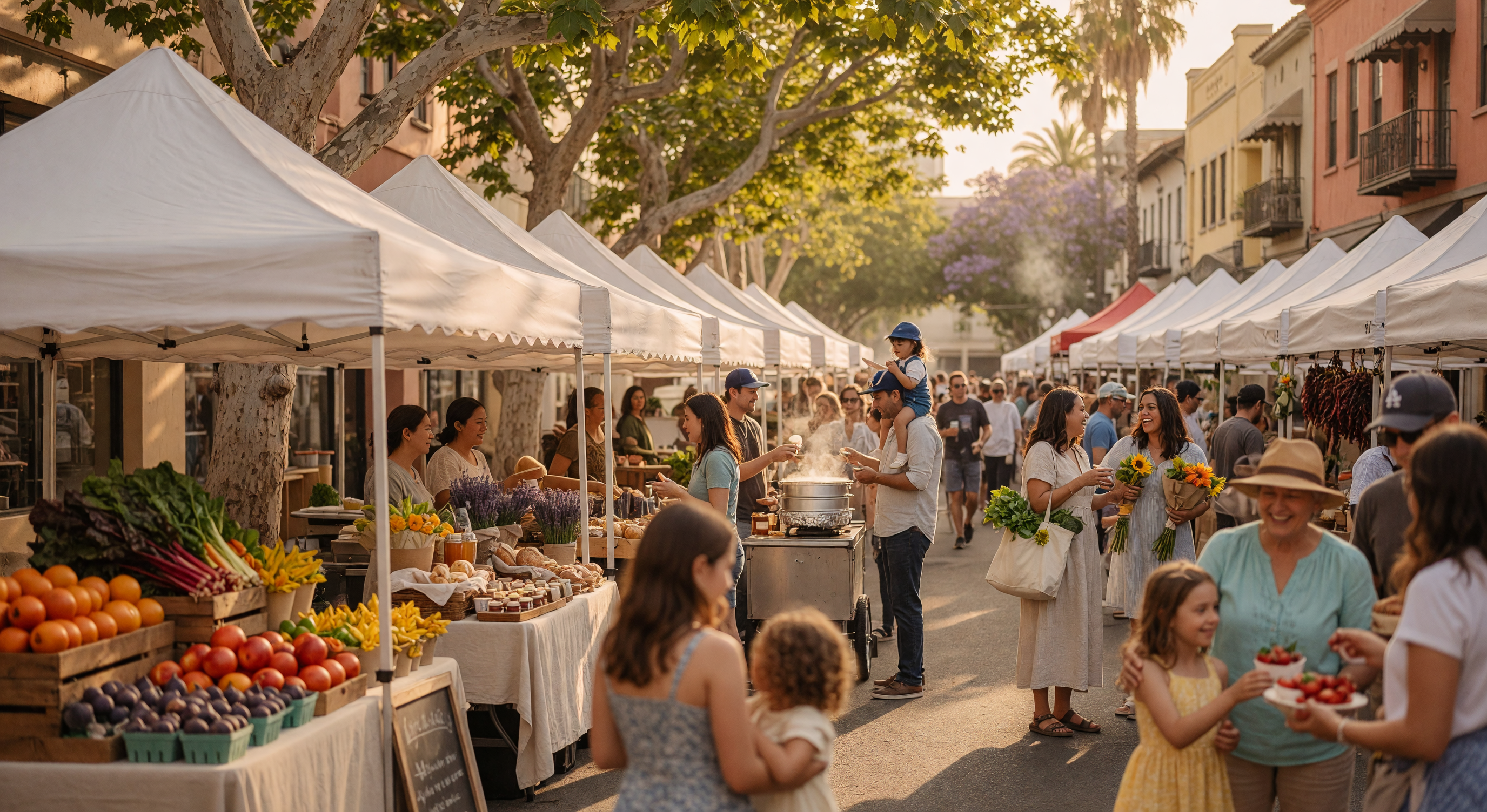 Colorful outdoor farmers market with white canopy tents, fresh produce, and neighbors strolling under dappled tree shade on a warm summer afternoon
