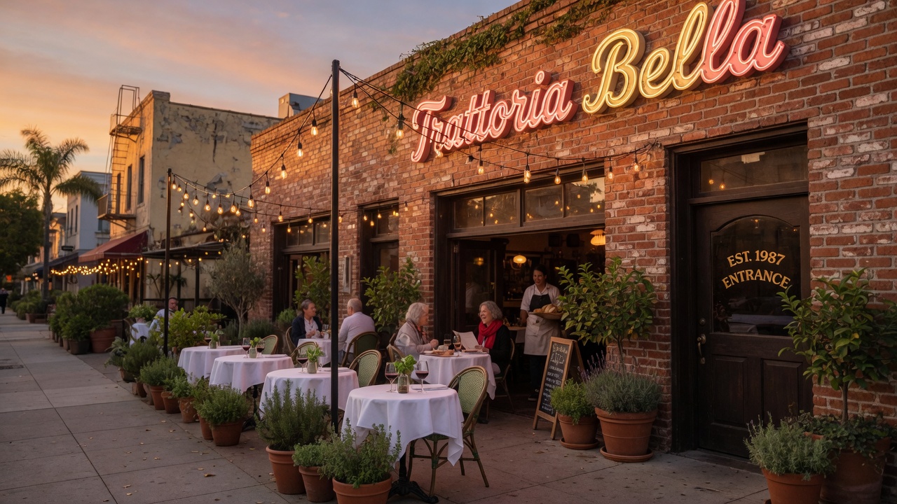 Mulberry Street Ristorante cozy candlelit Italian dining room with exposed brick walls in downtown Fullerton