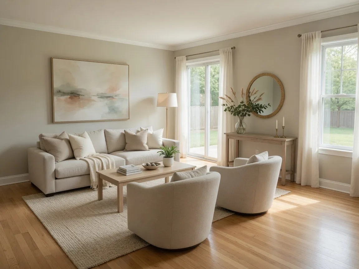 A bright, freshly staged living room in a modern Northern Virginia home with neutral walls, hardwood floors, large windows, and tasteful furnishings bathed in natural sunlight