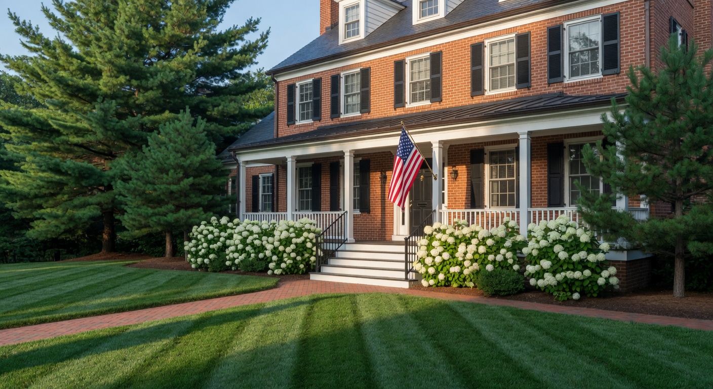 Beautiful brick home in Virginia with a clean classic American flag on the front yard