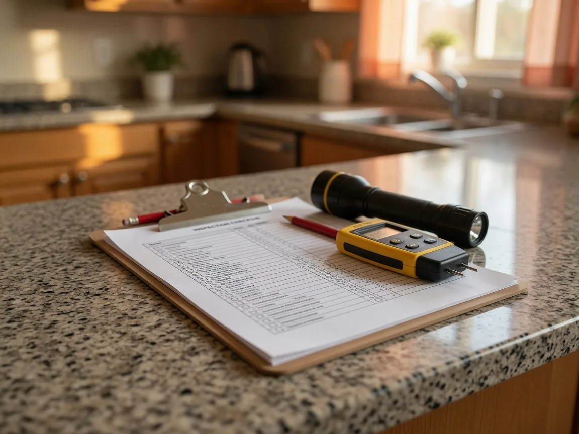 A clipboard with a home inspection checklist resting on a granite kitchen countertop next to a flashlight and moisture meter, soft natural window light illuminating the scene