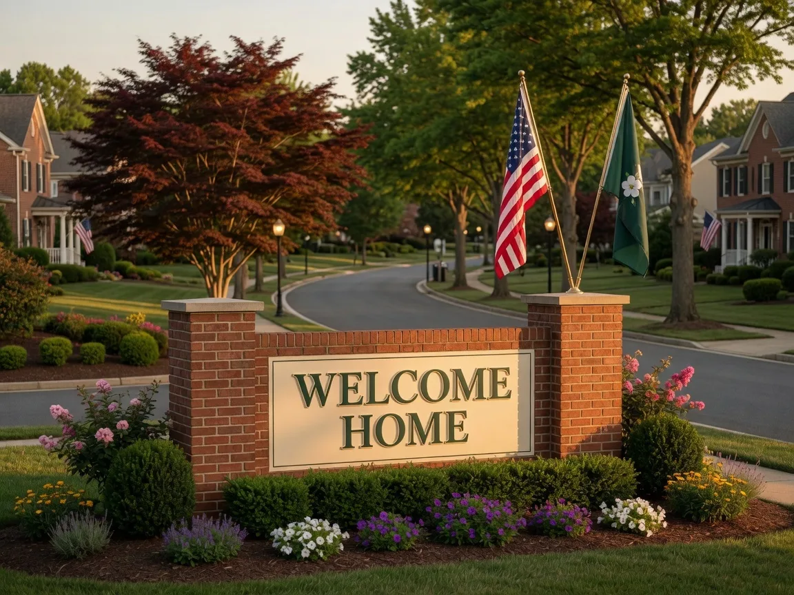 A welcoming neighborhood entrance in Northern Virginia with landscaped greenery and a residential street beyond, representing the sense of community military families find in the area