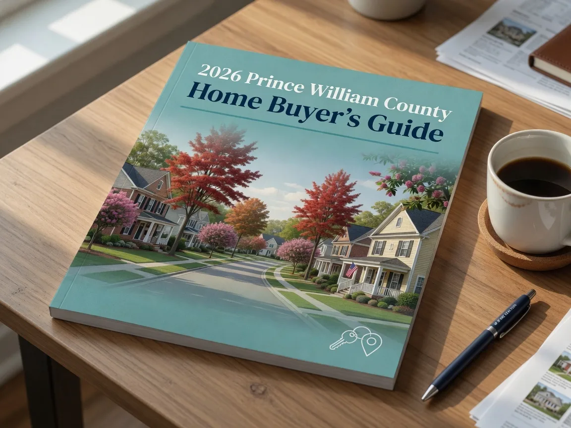 2026 Prince William County Home Buyer's Guide preview on a desk with coffee and pen