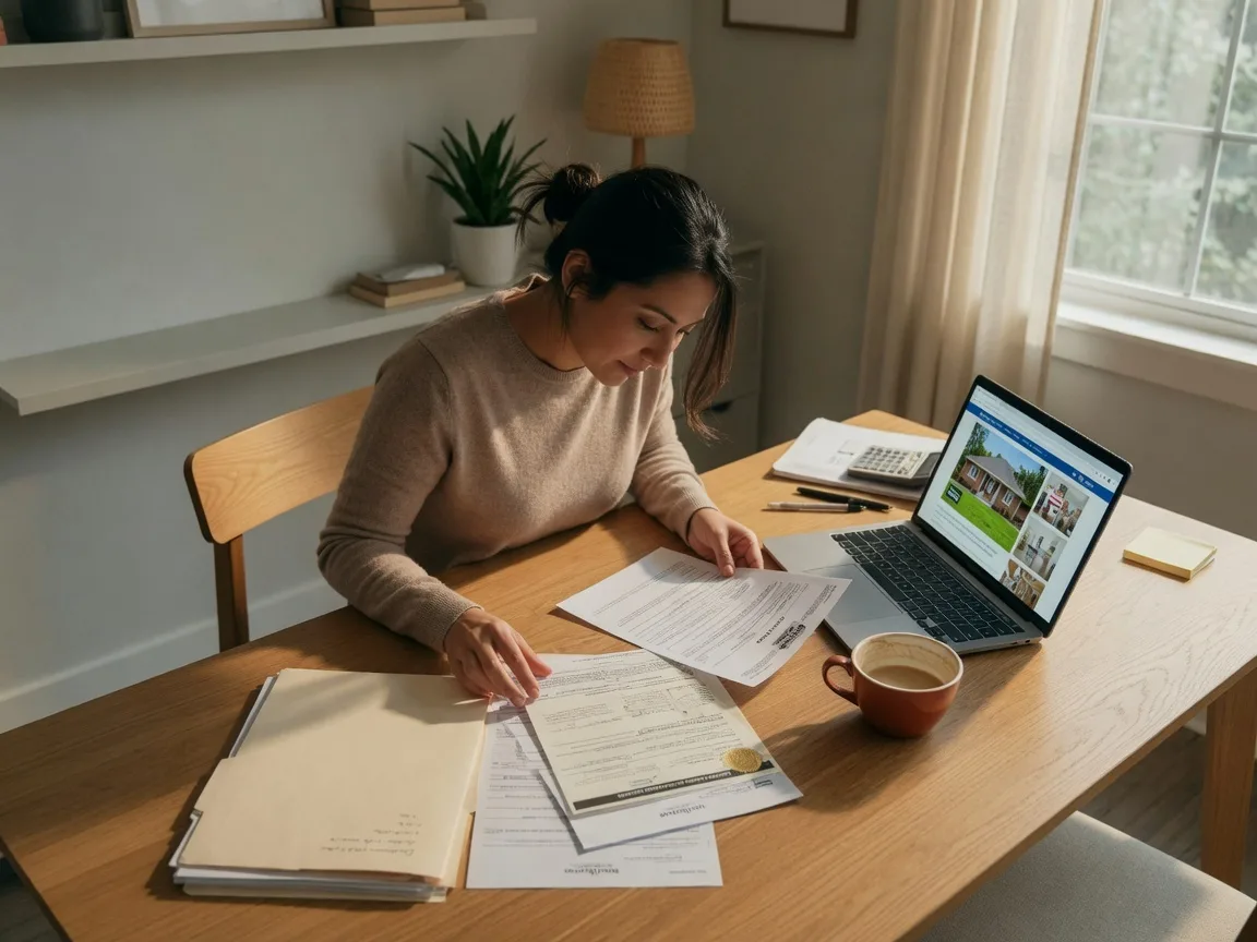 A military home buyer reviewing VA loan documents and mortgage paperwork at a desk with a laptop open, representing the financial preparation process