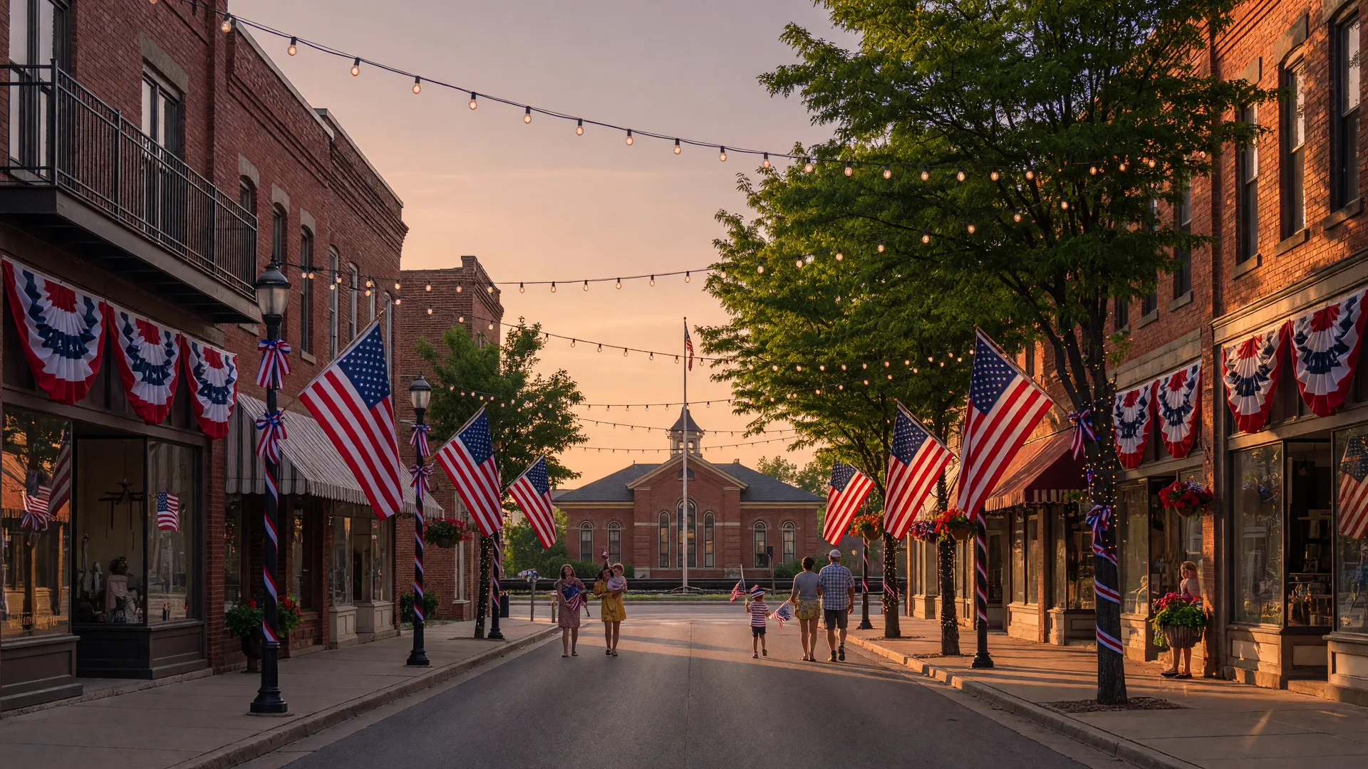 A charming historic main street decorated with American flags and red-white-and-blue bunting for a Fourth of July celebration