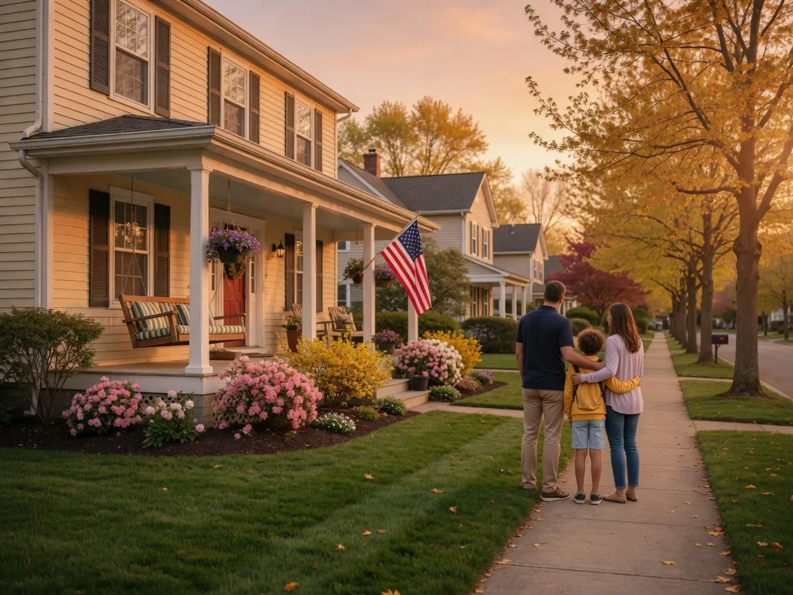 A family with a young child standing in front of a welcoming suburban home in a Prince William County neighborhood during golden hour