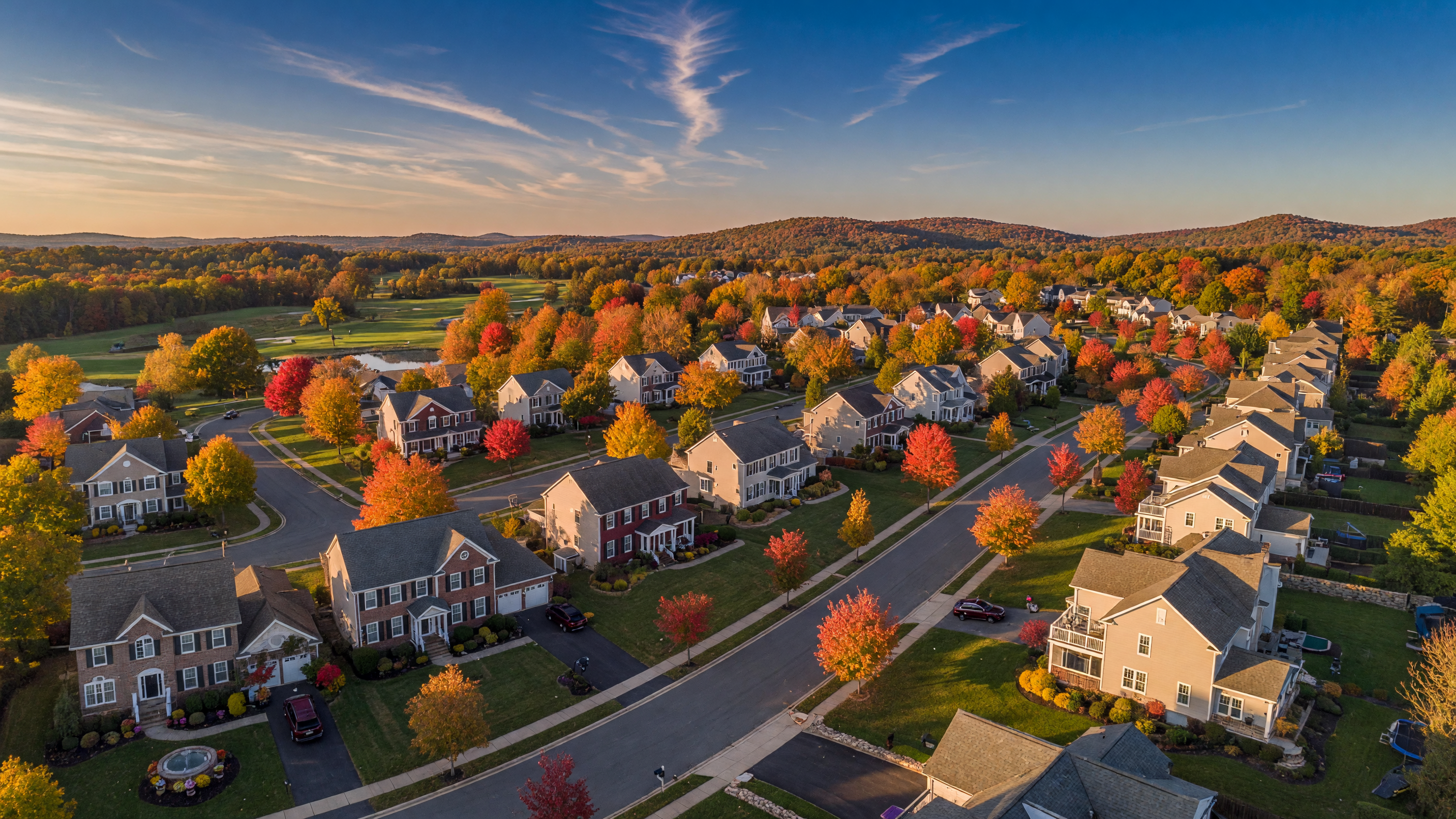 Beautiful Northern Virginia suburban neighborhood with tree-lined streets and elegant homes