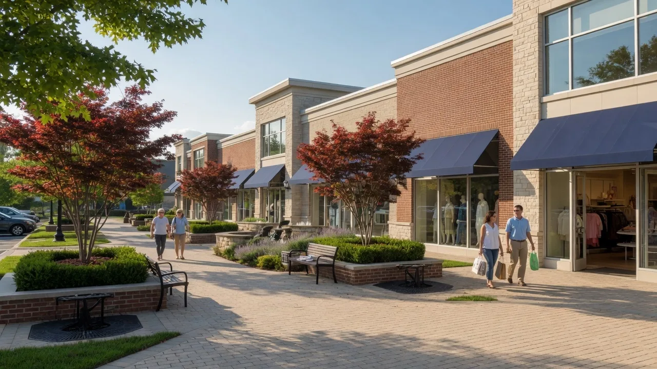 An outdoor lifestyle retail center with modern storefronts, awnings, landscaped walkways, and shoppers on a sunny afternoon in Northern Virginia