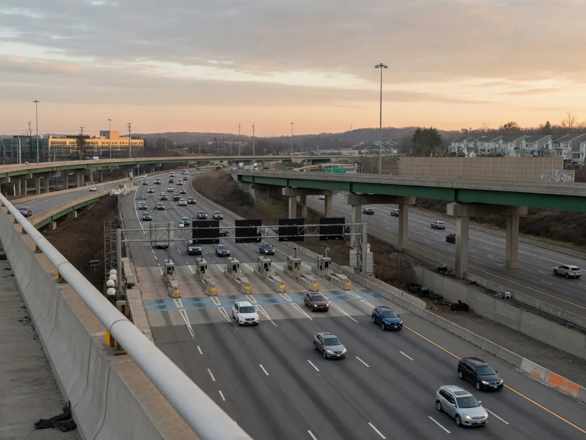I-66 express lanes in Northern Virginia during morning commute, with cars and SUVs moving under partly cloudy skies