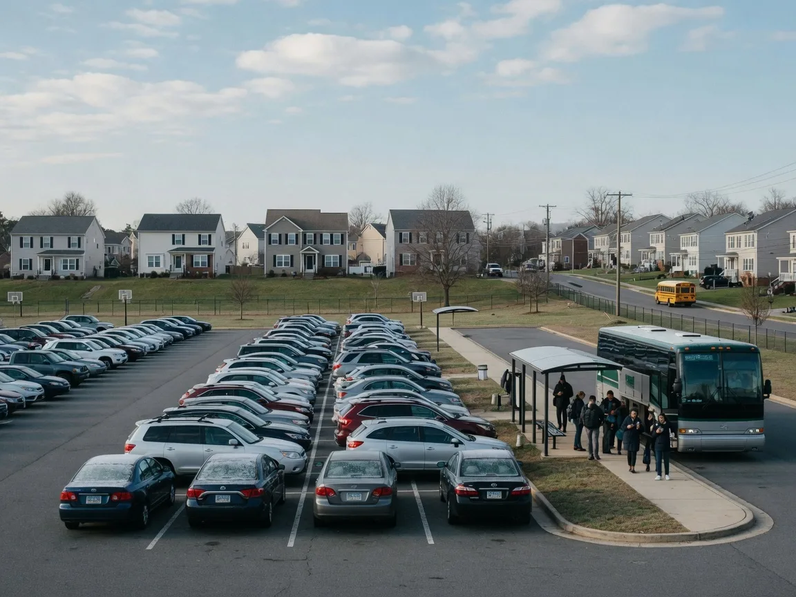 OmniRide express bus at a park and ride lot in Prince William County, with commuter cars parked in the lot on a weekday morning