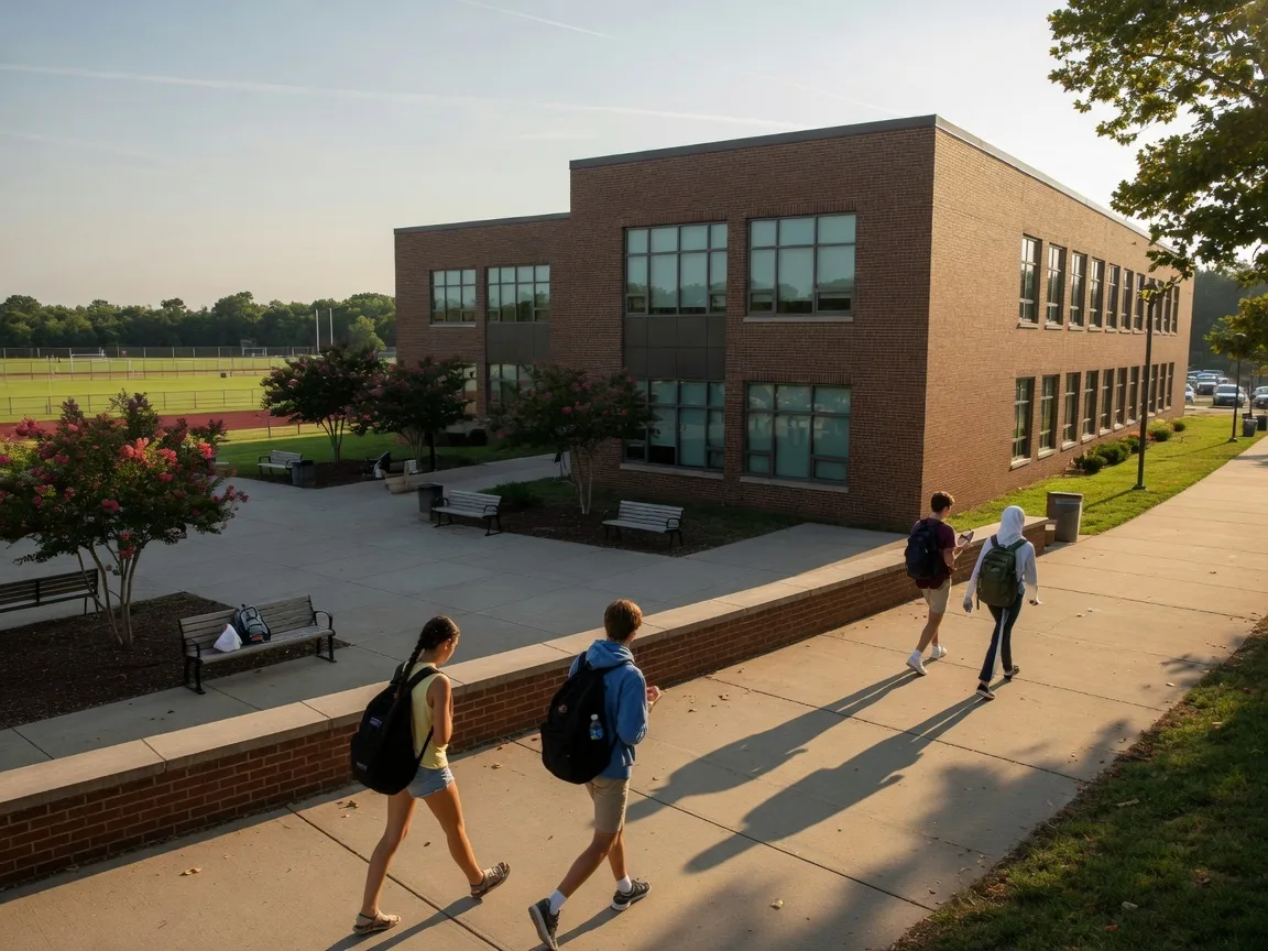 A modern high school campus in Northern Virginia with athletic fields and landscaped courtyards on a late summer afternoon