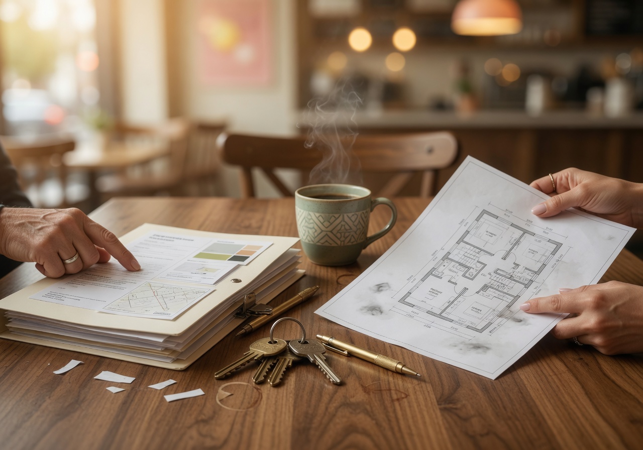 Hands assessing floor plans on a walnut table with keys and black coffee represents professional purchasing advice