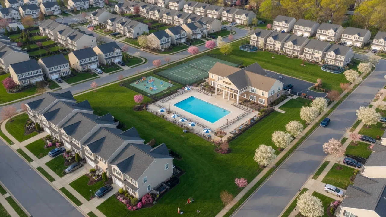 A community swimming pool and clubhouse at a Northern Virginia HOA neighborhood on a sunny day