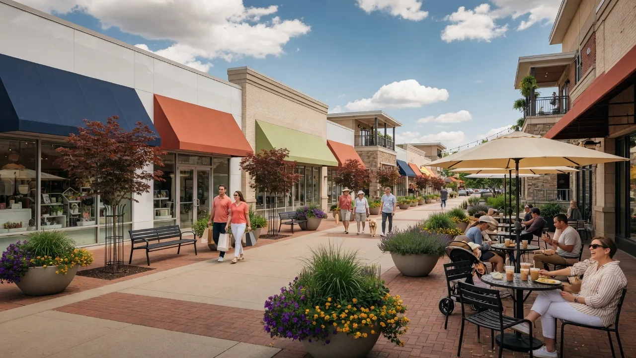 Modern storefronts and a café patio at an open-air lifestyle shopping center in Northern Virginia on a sunny afternoon