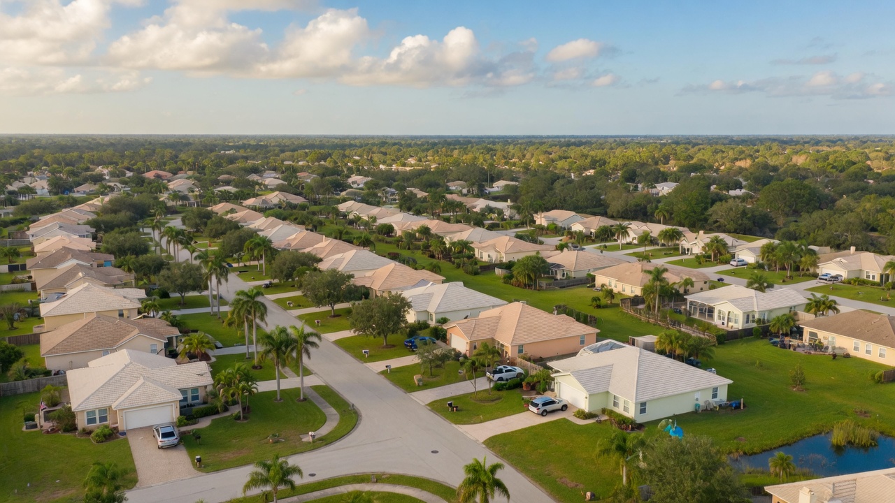 Aerial view of a Pasco County Florida residential neighborhood on a sunny morning