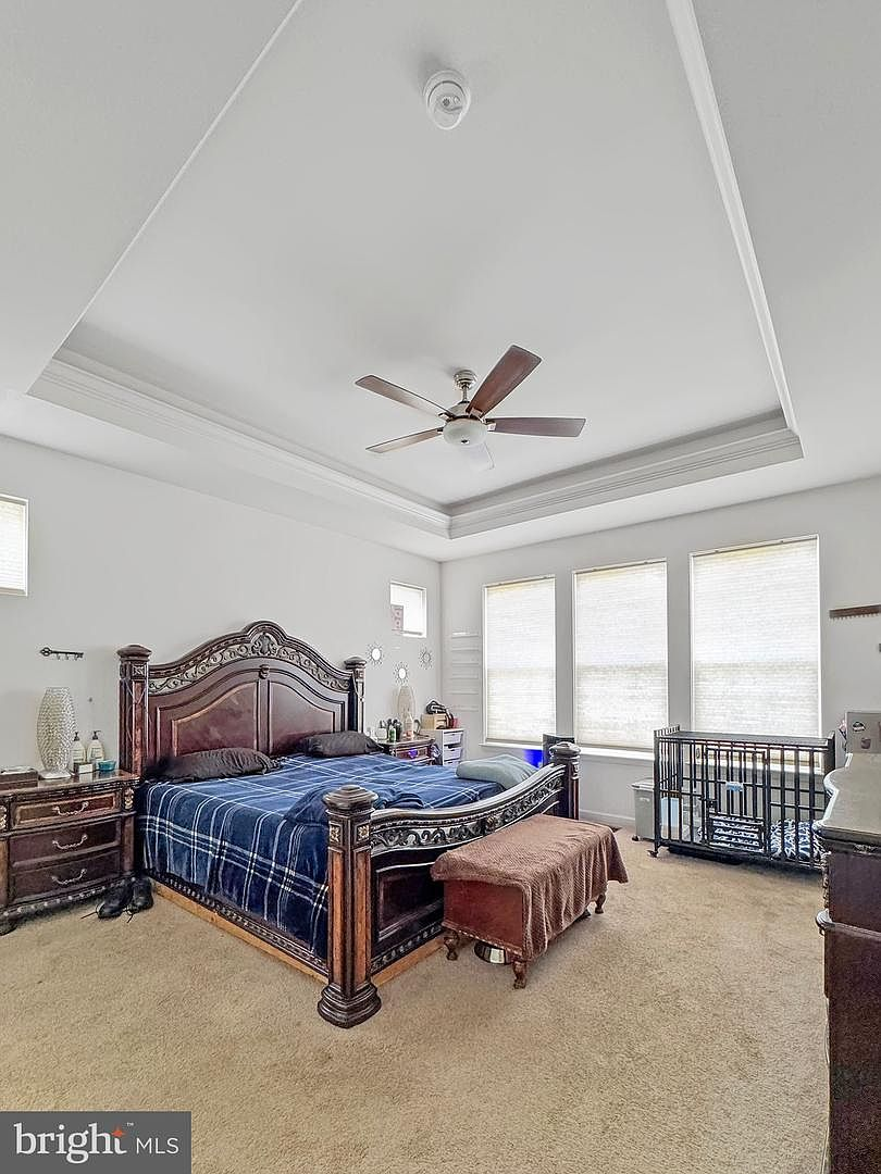 The main-level owner suite showing the luxurious tray ceiling detail, beige carpets, and scenic windows