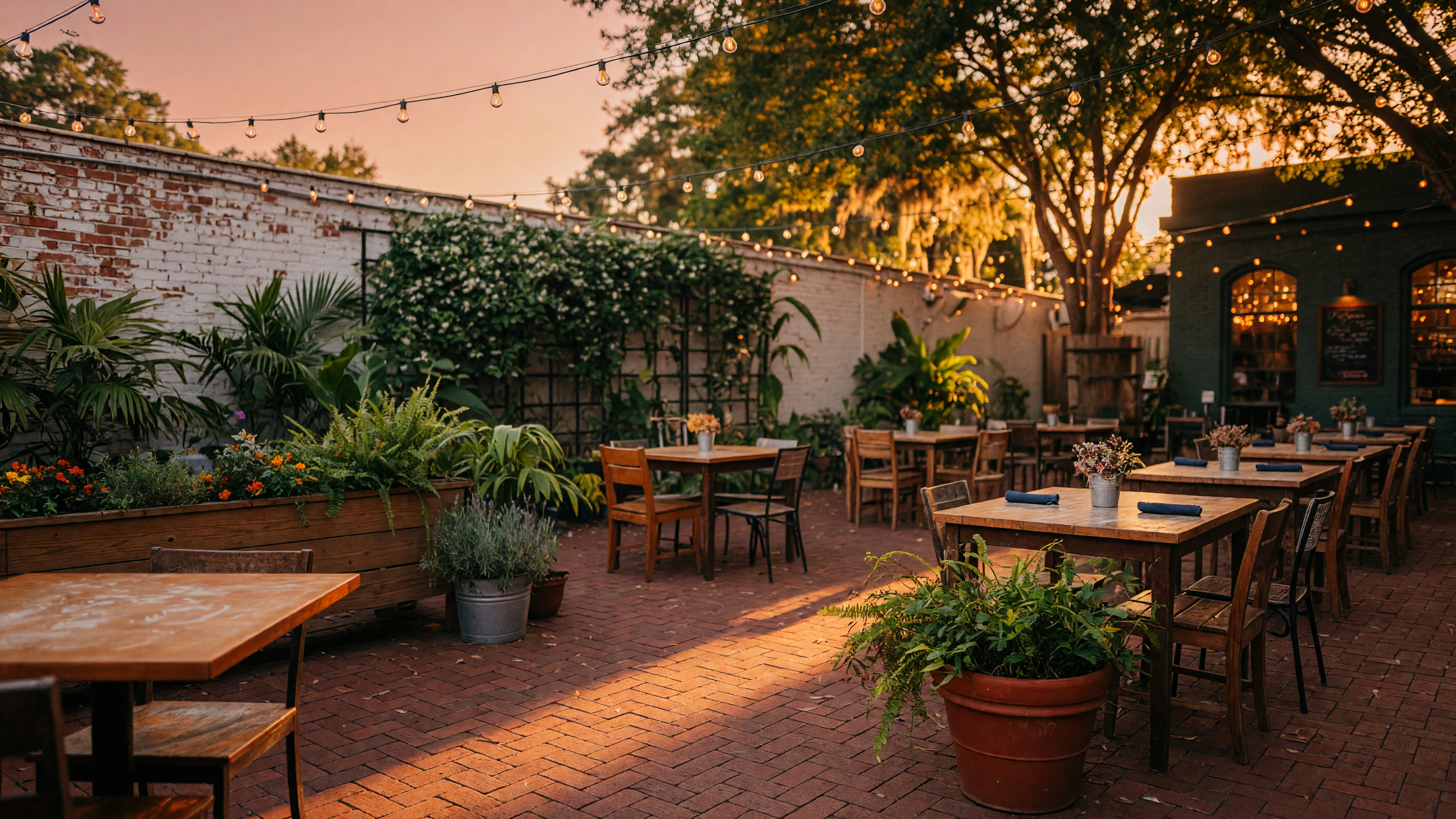 Dog-friendly outdoor patio with string lights and greenery in Charlotte NC