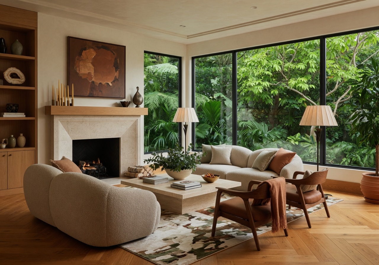 Stunning staged modern living room with fireplace and natural light