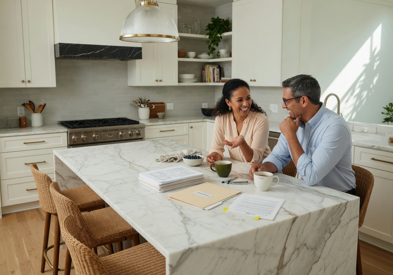 Couple planning their new home together at kitchen counter