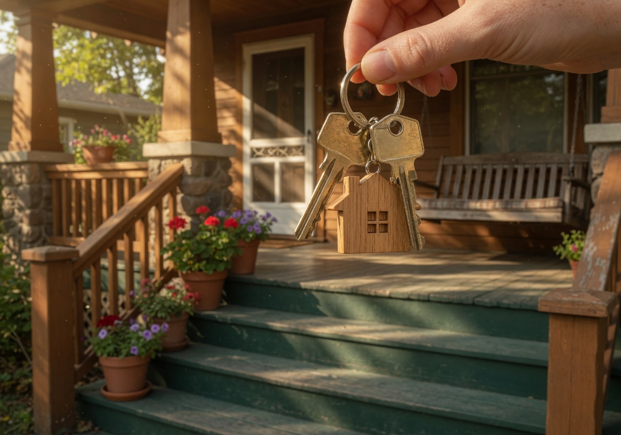 Keys with house keychain in front of a warm craftsman front door