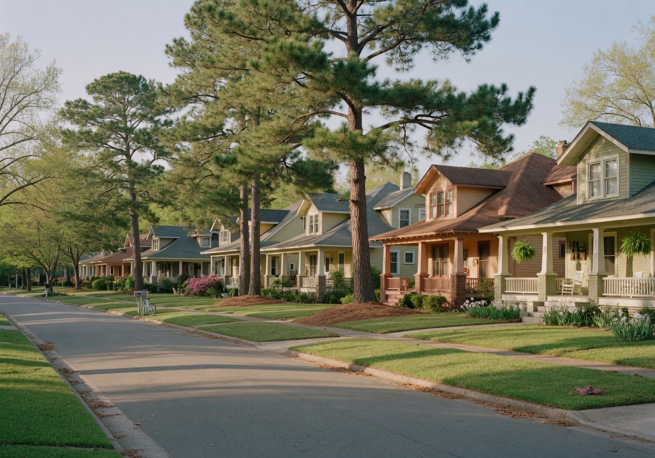 A quiet tree-lined residential street in Long Beach, Mississippi, bathed in golden afternoon light.