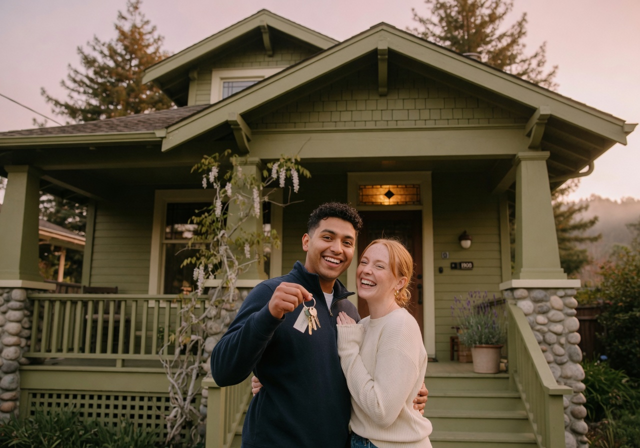 Young happy first-time home buyers with their house keys