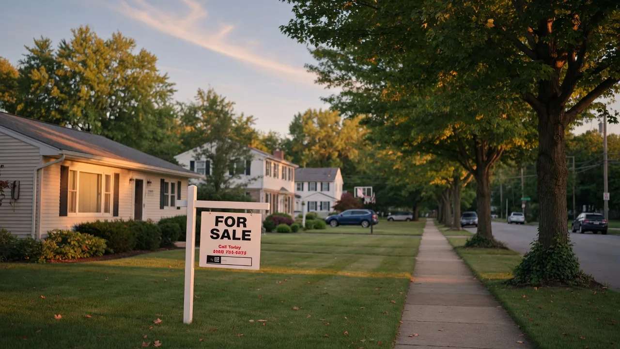 Suburban Indiana home for sale with a for-sale sign in a tree-lined neighborhood