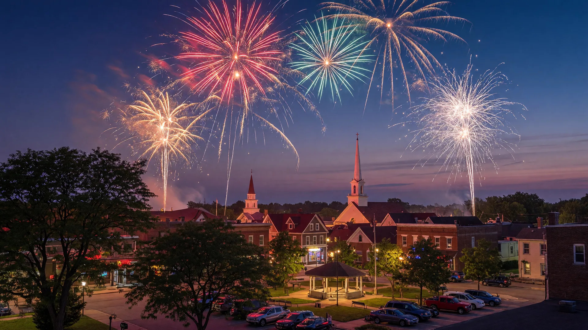 Colorful fireworks bursting over a suburban midwestern town skyline at dusk on the Fourth of July